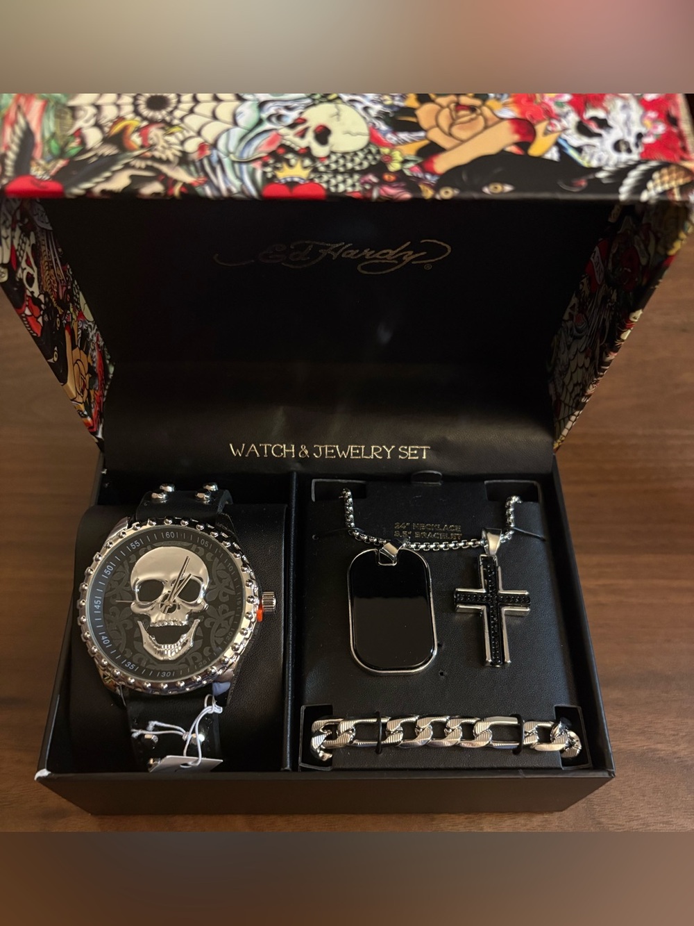 Ed Hardy Black & Silver Skull Watch and Jewelry Set